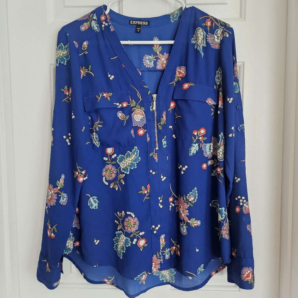 Express Floral Zip Front Blouse – Blue, Size Medium